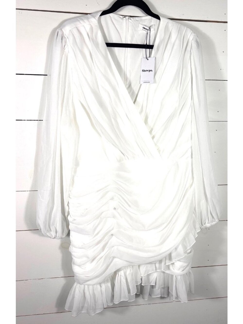 Showpo White Ruched Wrap Dress With Ruffled Hem & Long Sleeves Size US 16